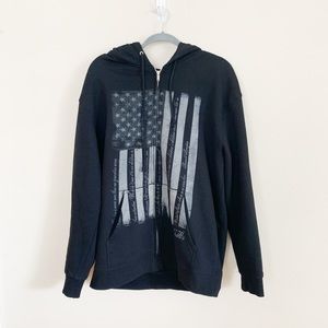 1776 United Mens Black Zip Up Hood Jacket with USA Flag Design (Size Large)